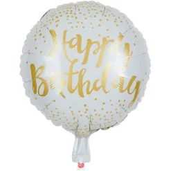 Ballon alu anniversaire Happy Birthday blanc et doré Ø45cm