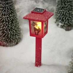 Borne solaire lanterne rouge vintage 10LED blanc chaud effet flamme H37cm