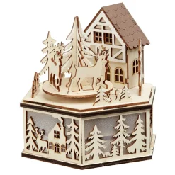 Boîte à musique village de Noël en bois H15cm