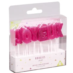 Bougies Joyeux anniversaire rose à paillettes