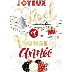 Carte Joyeux Noël et Bonne année motif guirlande boule blanc et rouge