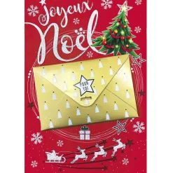 Carte Joyeux Noël porte billet motif traineau sapin rouge et doré