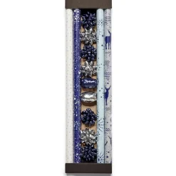 Ensemble papier cadeau Noël 2m x4 avec noeud x7 ruban x3 argenté bleu