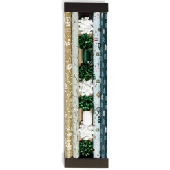 Ensemble papier cadeau Noël 2m x4 avec noeud x7 ruban x2 vert et blanc