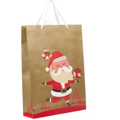 Sac cadeau doré motif Père Noël rouge blanc grand modèle