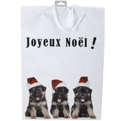 Sac cadeau Joyeux Noël motif chiots grand modèle