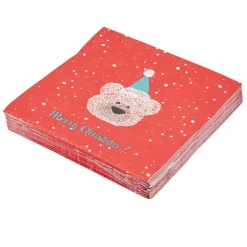 Serviette en papier rouge design ourson Noël x20