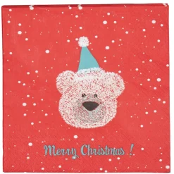Serviette en papier rouge design ourson Noël x20