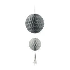 Suspension 2 boules avec pompon papier gris