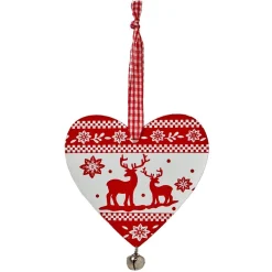 Suspension de Noël Coeur en bois motif traditionnel rouge blanc