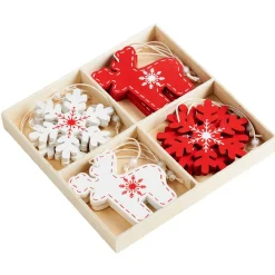 Suspension de Noël en bois forme flocon et cerf rouge blanc x12