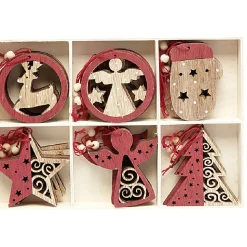 Suspension de Noël en bois Ange Étoile Renne Sapin naturel rouge x24
