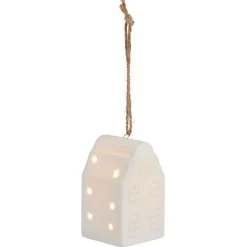 Suspension de Noël lumineuse forme maison céramique blanche 1LED blanc chaud H7,5cm
