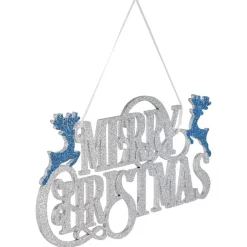 Suspension Merry Christmas en bois pailleté argenté et bleu 25xH14cm