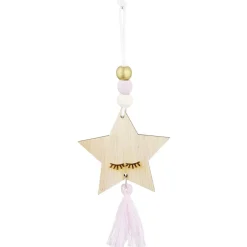 Suspension Étoile de Noël en bois avec pompon et perles H10,5cm